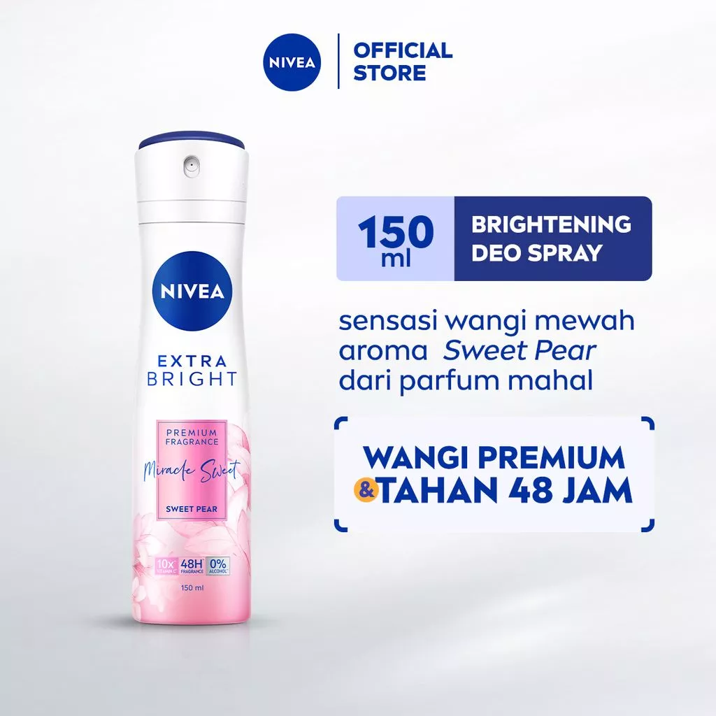 NIVEA Deodorant Spray Extra Bright Premium Fragrance Miracle Sweet 150ml - Deodorant semprot mencerahkan ketiak dan anti keringat bau badan dengan wangi parfum mahal premium aroma buah segar tahan lama seharian - 10x Vitamin C, 0% alkohol