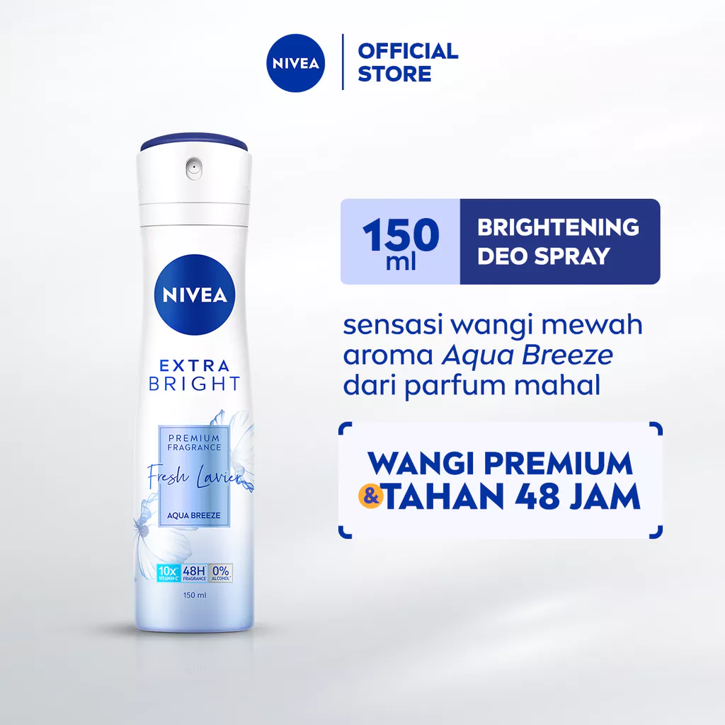 NIVEA Deodorant Spray Extra Bright Premium Fragrance Fresh Lavier 150ml - Deodorant Semprot Mencerahkan Ketiak Dan Anti Keringat Bau Badan Dengan Wangi Parfum Mahal Premium Aroma Floral Segar Tahan Lama Seharian - 10x Vitamin C, 0% Alkohol