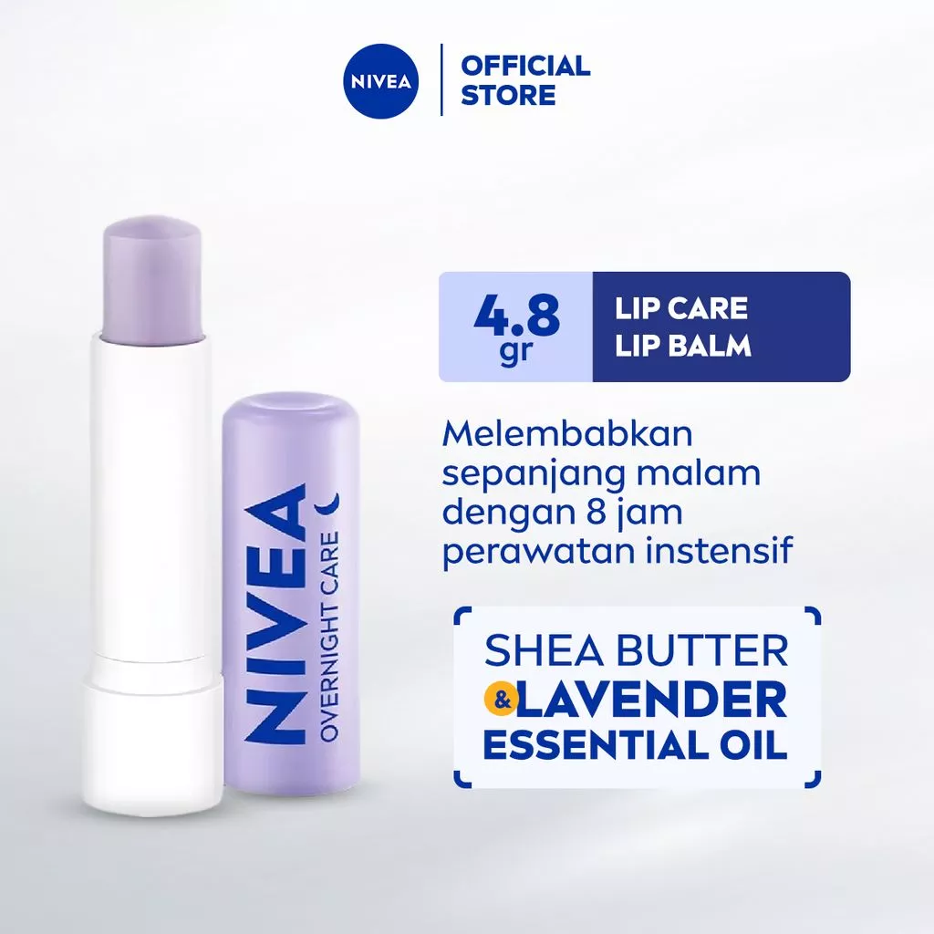 NIVEA Lip Balm Overnight Care Lavender Essential Oil 4.8gr - Melembapkan bibir selama 8 jam pada malam hari