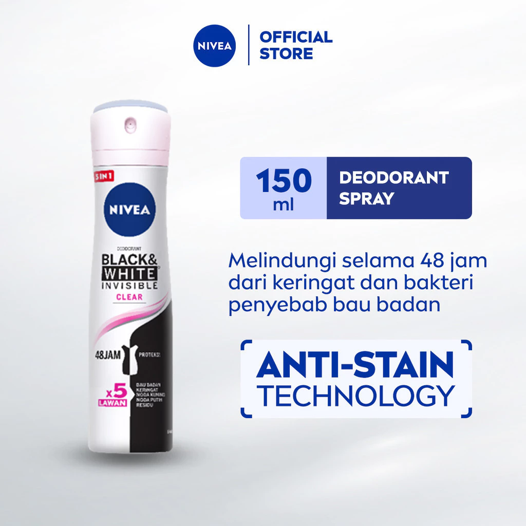 NIVEA Deodorant Spray Black & White Invisible Original 150ml - Deodorant Wanita Melawan Bau Badan Tahan Keringat Anti Noda Residu Dengan Wangi Segar Tahan Lama Seharian - Antiperspiran, Tidak Mengandung Ethyl Alkohol