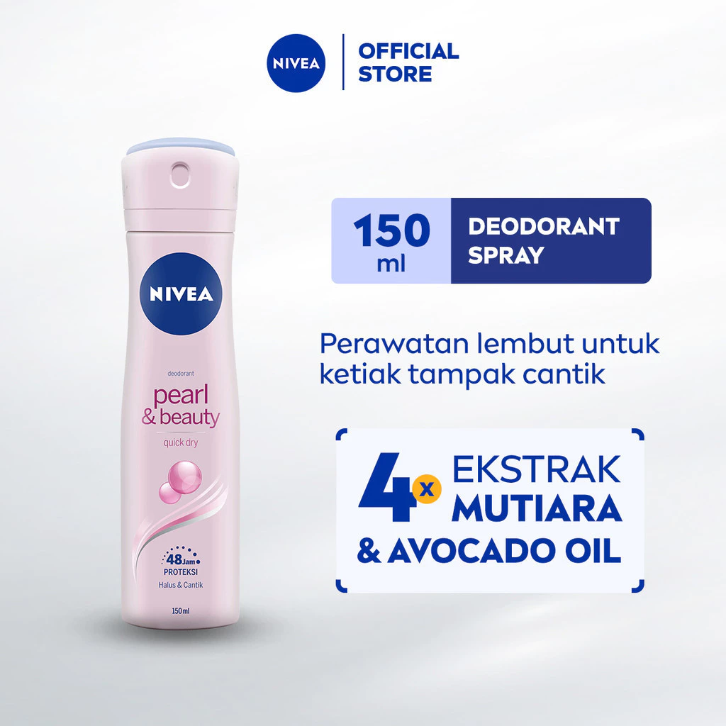 NIVEA Deodorant Spray Pearl & Beauty 150ml - Deodorant Semprot Wanita Brightening Mencerahkan Dan Menghaluskan Ketiak Dengan Ekstrak Mutiara Dan Avocado Oil Tahan Keringat Dan Anti Bau Badan - Antiperspiran, Vitamin C, Ekstrak Mutiara, 0% Alkohol