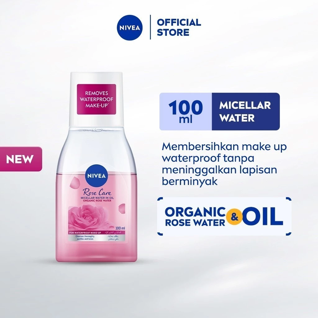 NIVEA Micellar Water in Oil Rose Care with Organic Rose Water 100ml - Pembersih make up waterproof oil cleansing mengandung air mawar tanpa alkohol penghapus riasan wajah melembabkan kulit - Hokkaido Rose Extract, 0% Alcohol