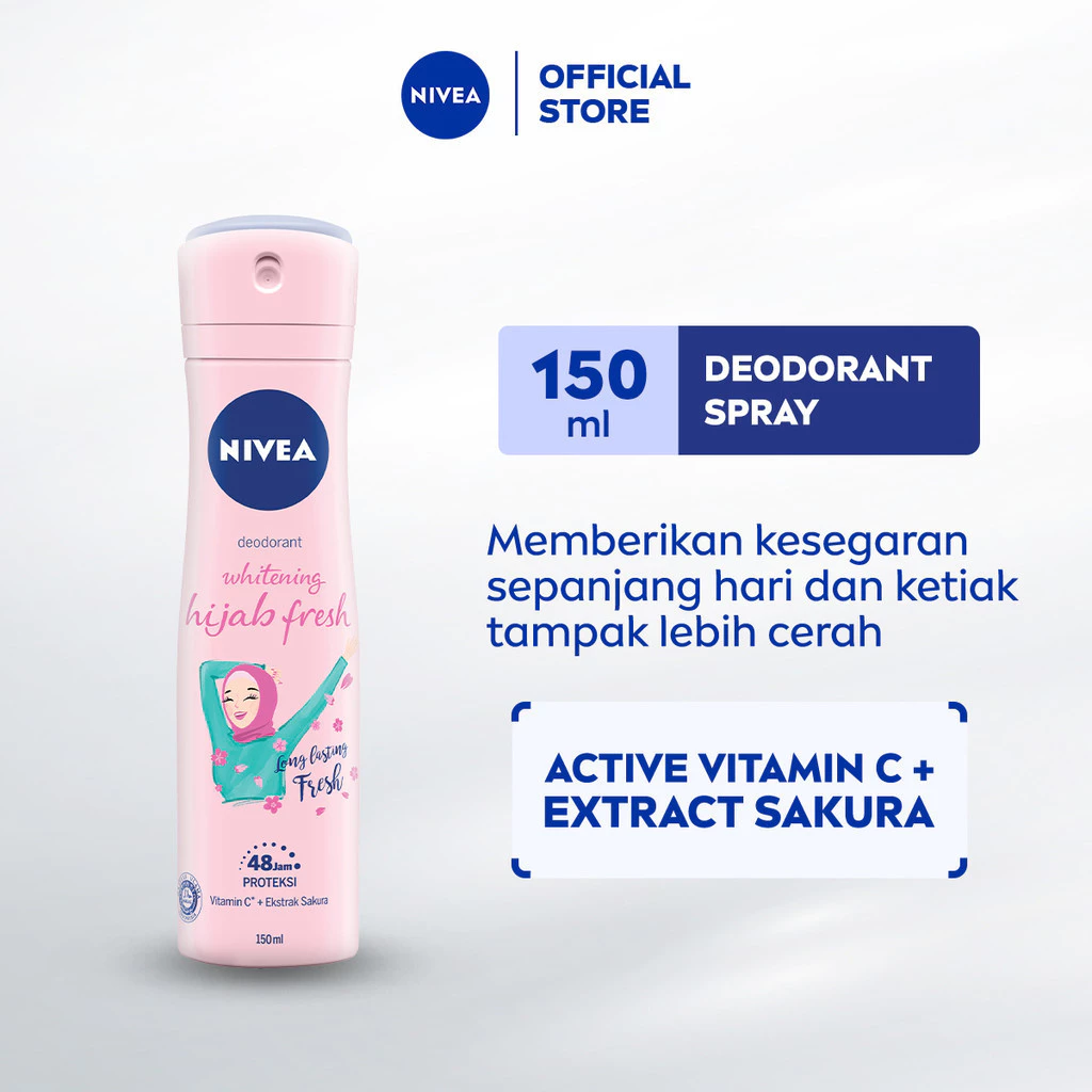 NIVEA Deodorant Spray Brightening Hijab Fresh 150ml - anti odor Deodorant semprot hijab wanita brightening pencerah ketiak dan tahan keringat bau badan dengan wangi segar tahan lama seharian - Vitamin C, Ekstrak Sakura, 0% alkohol