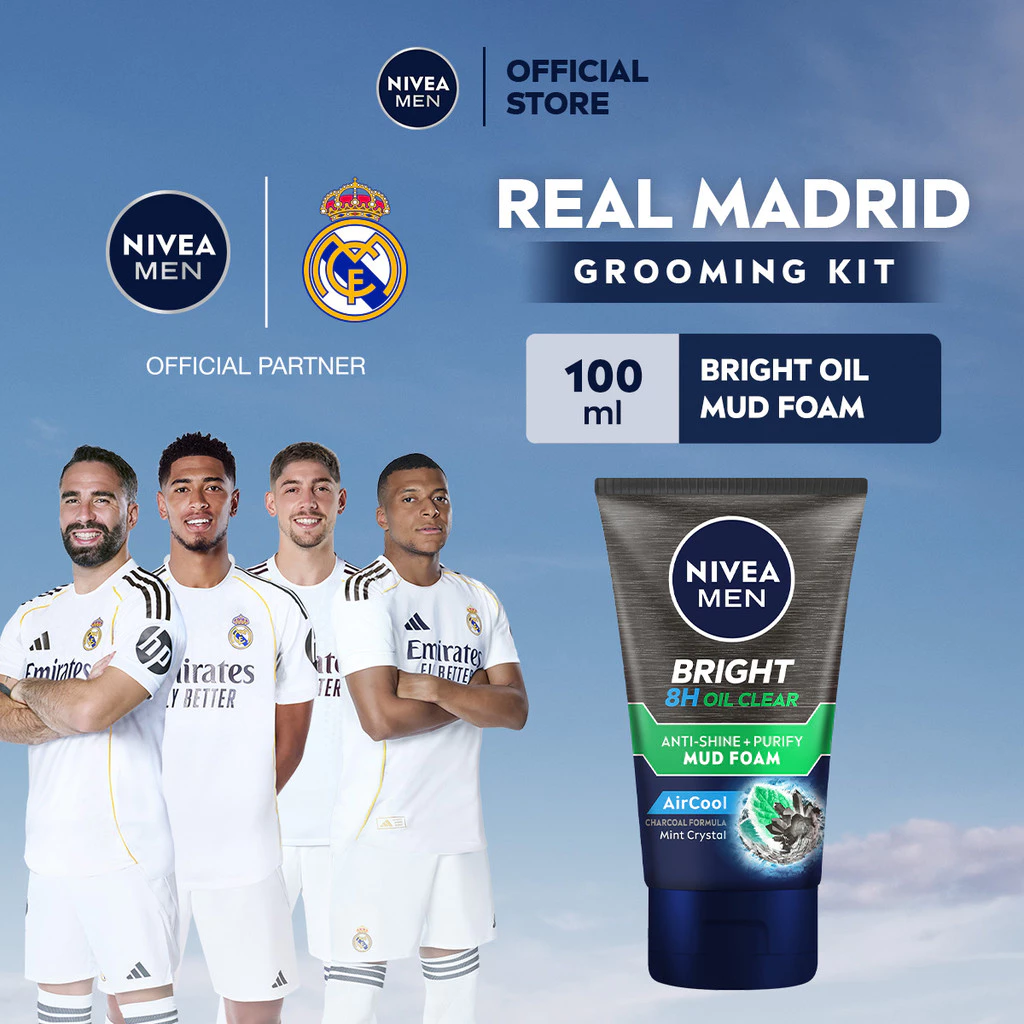 NIVEA MEN Facial Foam Bright Oil Clear Anti Shine + Purify Cooling 100ml - Sabun cuci muka pria mencerahkan kulit berminyak glowing face wash cleanser pembersih wajah dengan sensasi dingin double cleansing - Black Charcoal, Mint Crystal