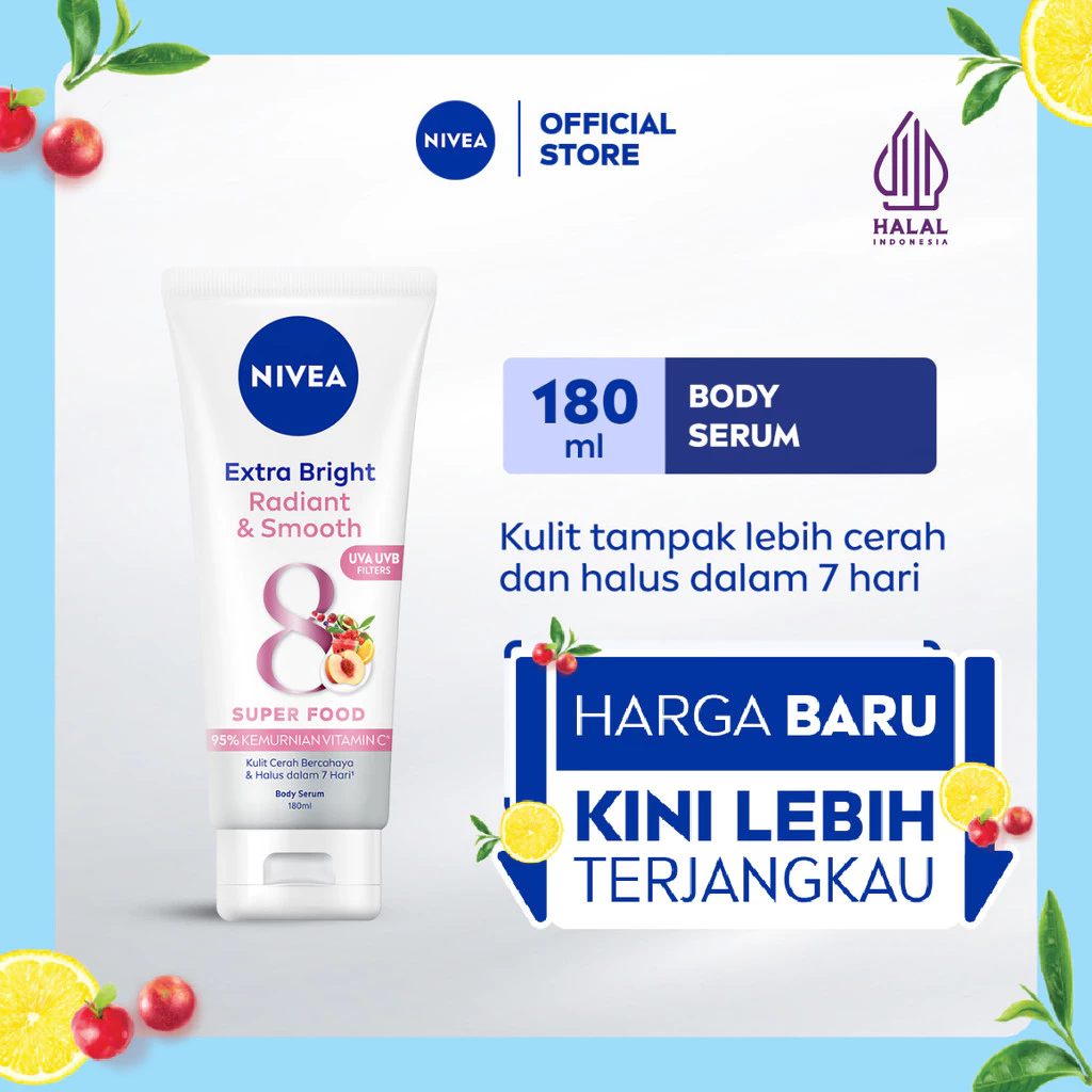 NIVEA Body Serum Extra Bright Radiant & Smooth UVA UVB Filter 180ml - Handbody lotion mencerahkan kulit cerah kusam glowing brightening essence melembabkan kulit kering - Vitamin C, Double UV Protection, pelembap badan tone up kulit halus