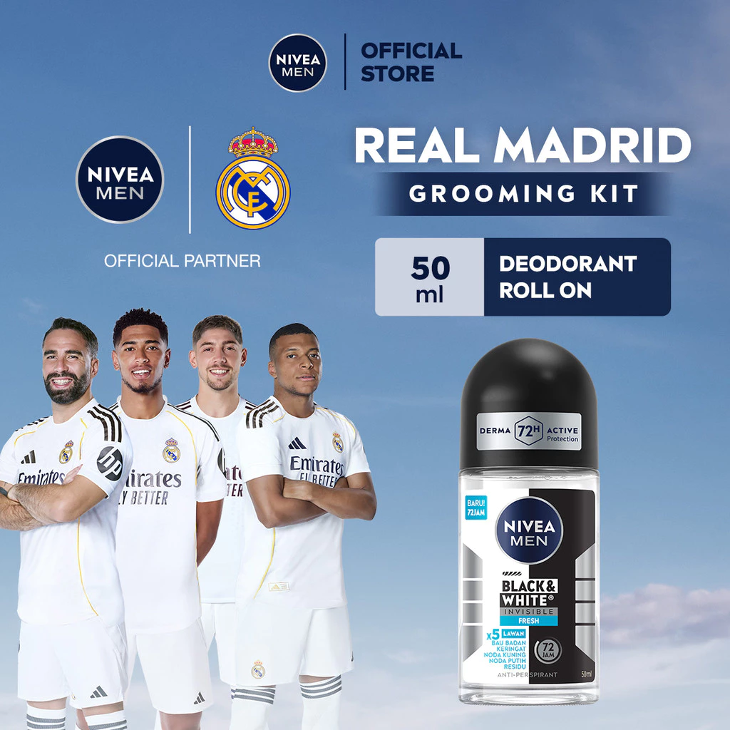 NIVEA MEN Deodorant Roll On Black & White Invisible Fresh 50ml - Deodorant pria melawan bakteri keringat bau badan dengan teknologi anti noda kuning putih dan residu wangi maskulin segar seharian - Antiperspiran, tidak mengandung ethyl alkohol
