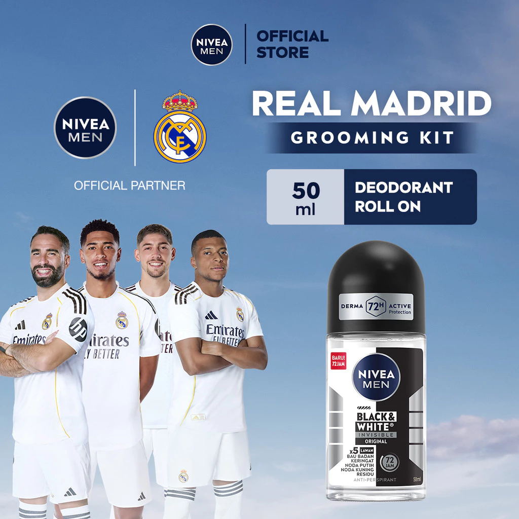 NIVEA MEN Deodorant Roll On Black & White Invisible Original 50ml - Deodorant Pria Melawan Bakteri Keringat Bau Badan Dengan Teknologi Anti Noda Kuning Putih Dan Residu Wangi Maskulin Segar Seharian - Antiperspiran, Tidak Mengandung Ethyl Alkohol