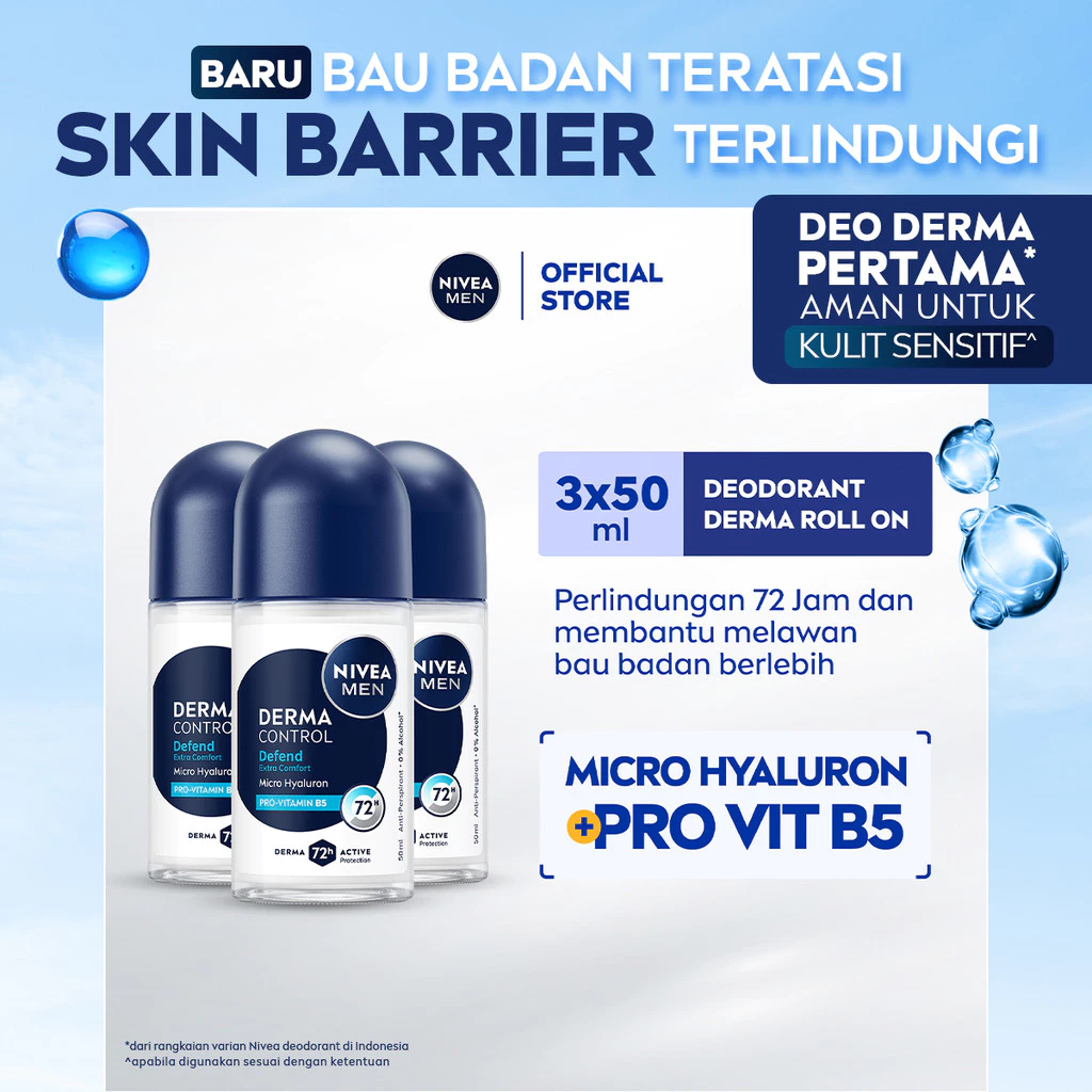 NIVEA MEN Deodorant Roll On Derma Control Defend 50ml x3 Triple Pack - Perlindungan 72jam, Menenangkan Kulit & Lawan Bau Berlebih - Micro Hyaluron+, Pro-Vitamin B5, 0% alkohol, Antiperspiran