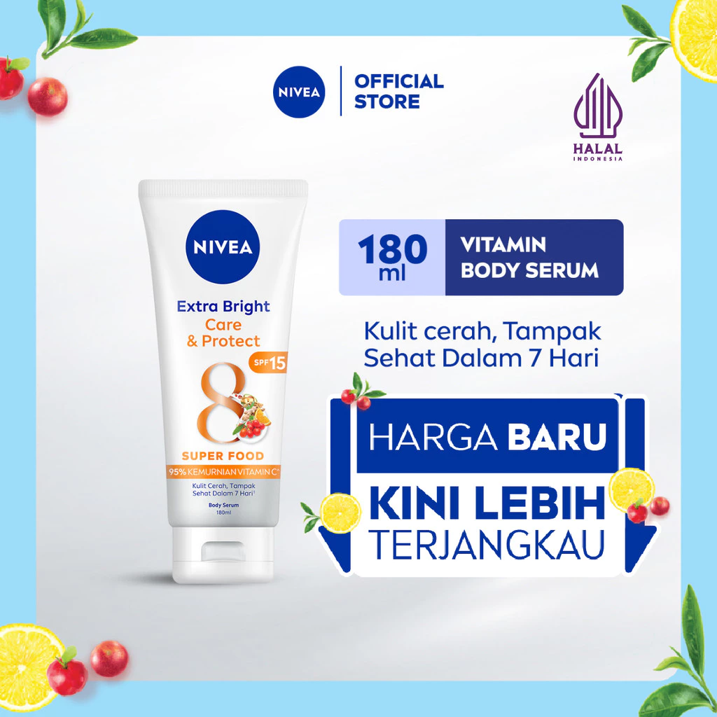 NIVEA Body Serum Extra Bright Care & Protect SPF 15 180ml - Handbody UV lotion superfood mencerahkan kulit kusam glowing brightening cream melembabkan kulit kering 24 jam - Vitamin C, Grapeseed Oil, tone up cream