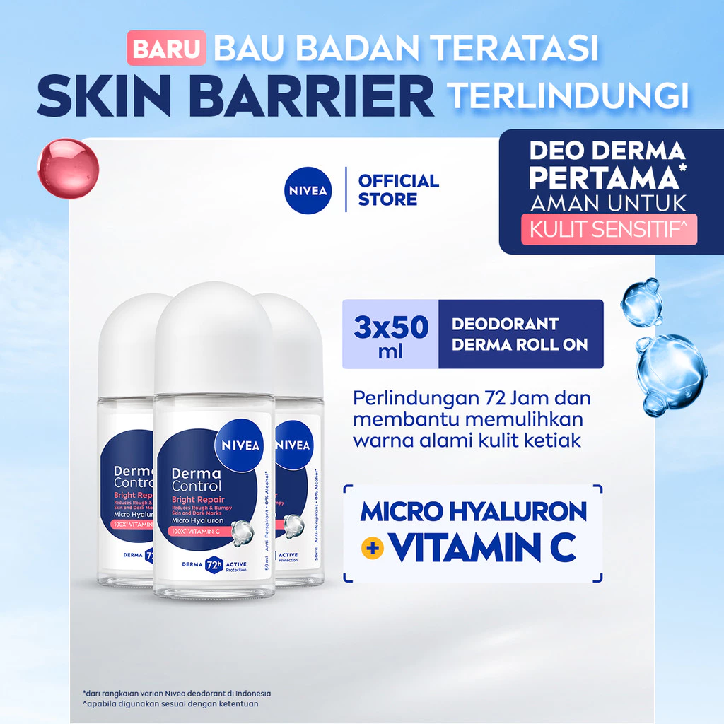 NIVEA Deodorant Roll On Derma Control Bright Repair 50ml x3 Triple Pack - Perlindungan 72jam, merawat & Mengurangi Ketiak Gelap - Micro Hyaluron, Vitamin C, 0% alkohol, Antiperspiran
