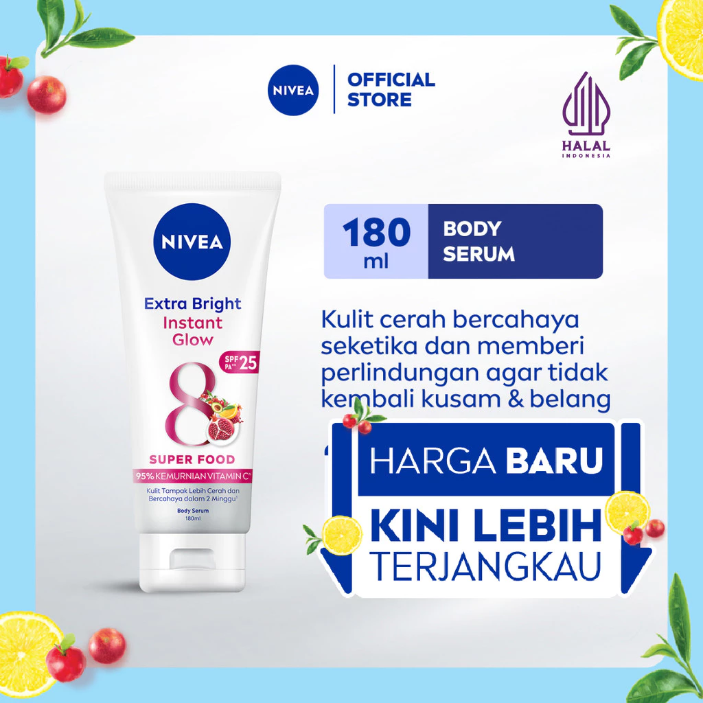 NIVEA Body Serum Extra Bright Instant Glow SPF 25 180ml - Handbody SPF lotion UV protection mencerahkan kulit kusam glowing brightening body care melembabkan kulit kering - UVA/UVB Filter, Vitamin C, Pearl Extract, tone up ringan, super food