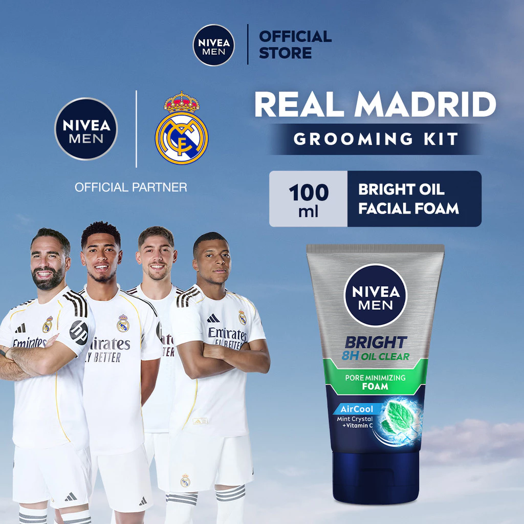 NIVEA MEN Facial Foam Bright Oil Clear Pore Minimizing Foam 100ml - Sabun Cuci Muka Pria Mencerahkan Kulit Berminyak Glowing Face Wash Cleanser Mengecilkan Pori Dan Membersihkan Komedo - Vitamin C, Mint Crystal
