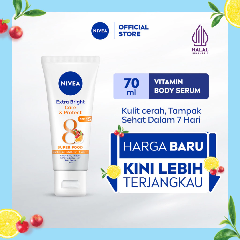 NIVEA Body Serum Extra Bright Care & Protect SPF 15 70ml - Handbody Lotion Mencerahkan Kulit Kusam Lotion Badan Glowing Brightening Serum Melembabkan Kulit Kering - Vitamin C, Grapeseed Oil, 8 Super Food Pelembap Badan Tone Up Wangi