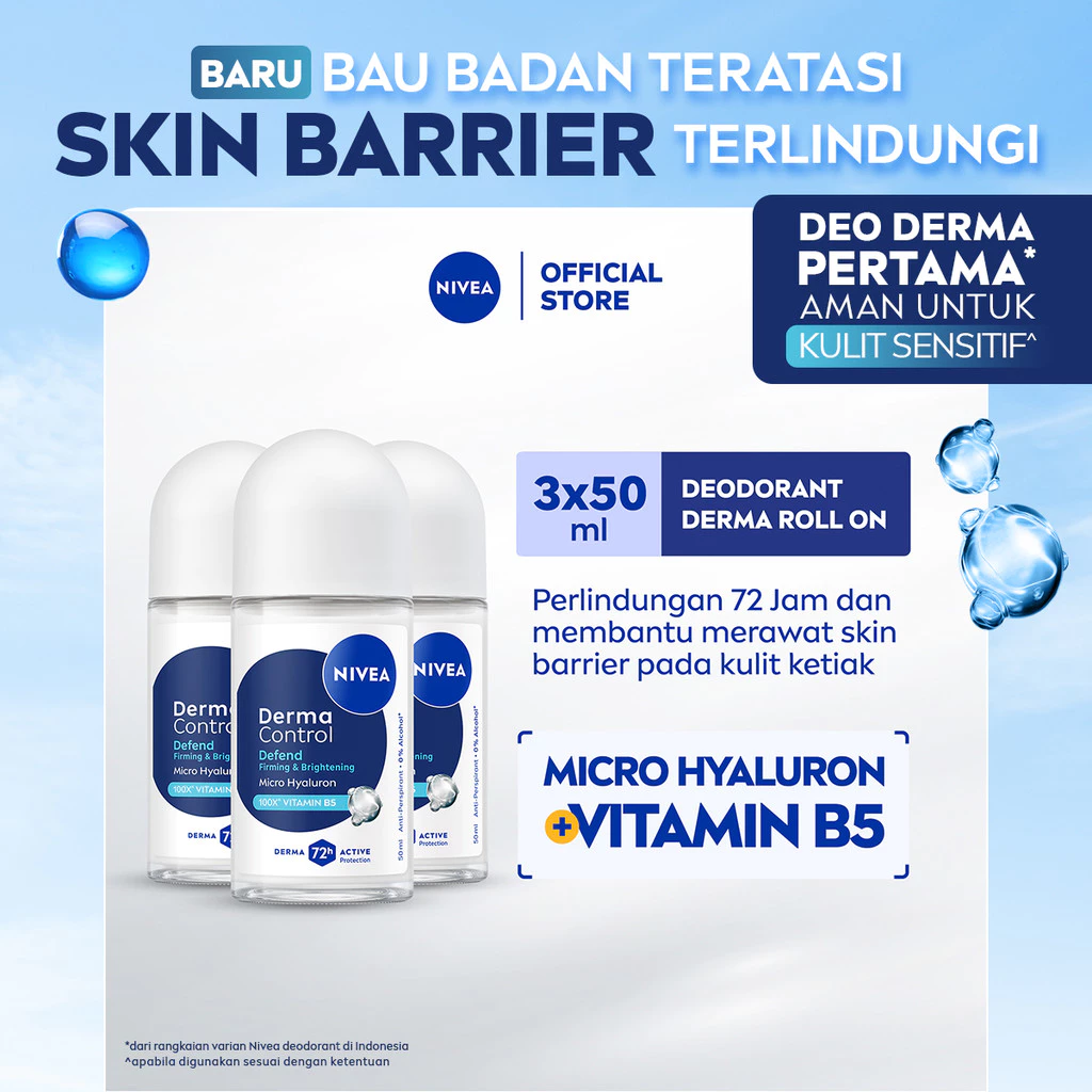 NIVEA Deodorant Roll On Derma Control Defend 50ml x3 Triple Pack - Perlindungan 72jam, Menenangkan Kulit & Lawan Bau Berlebih - Micro Hyaluron, Vitamin B5, 0% alkohol, Antiperspiran