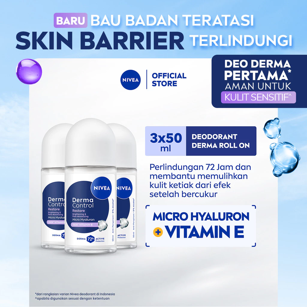 NIVEA Deodorant Roll On Derma Control Restore 50ml x3 Triple Pack - Perlindungan 72jam, merawat & aman untuk kulit sensitif - Micro Hyaluron, Vitamin E, 0% alkohol, Antiperspiran