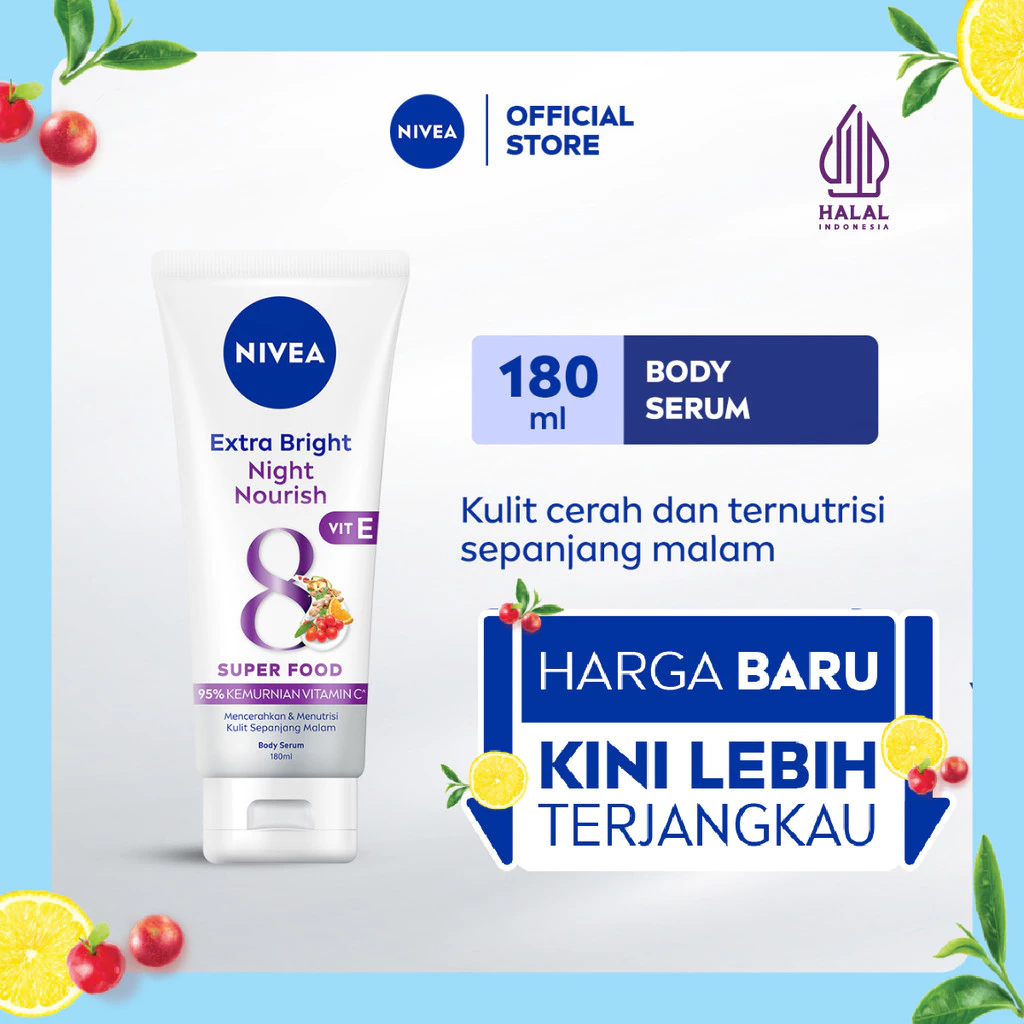 NIVEA Body Serum Extra Bright Night Nourish Vit E 180ml - Handbody lotion malam mencerahkan kulit kusam kelembapan 24 jam kulit halus lembut ternutrisi body care - Vitamin C, Vitamin E, Grapeseed Oil, Q10 mengencangkan kulit, super food