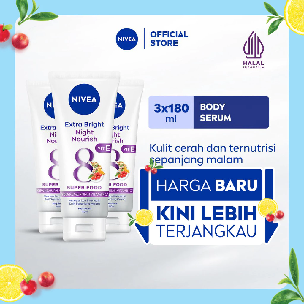 NIVEA Body Serum Extra Bright Night Nourish Vitamin C 180ml x3 - Merawat & mencerahkan kulit di malam hari