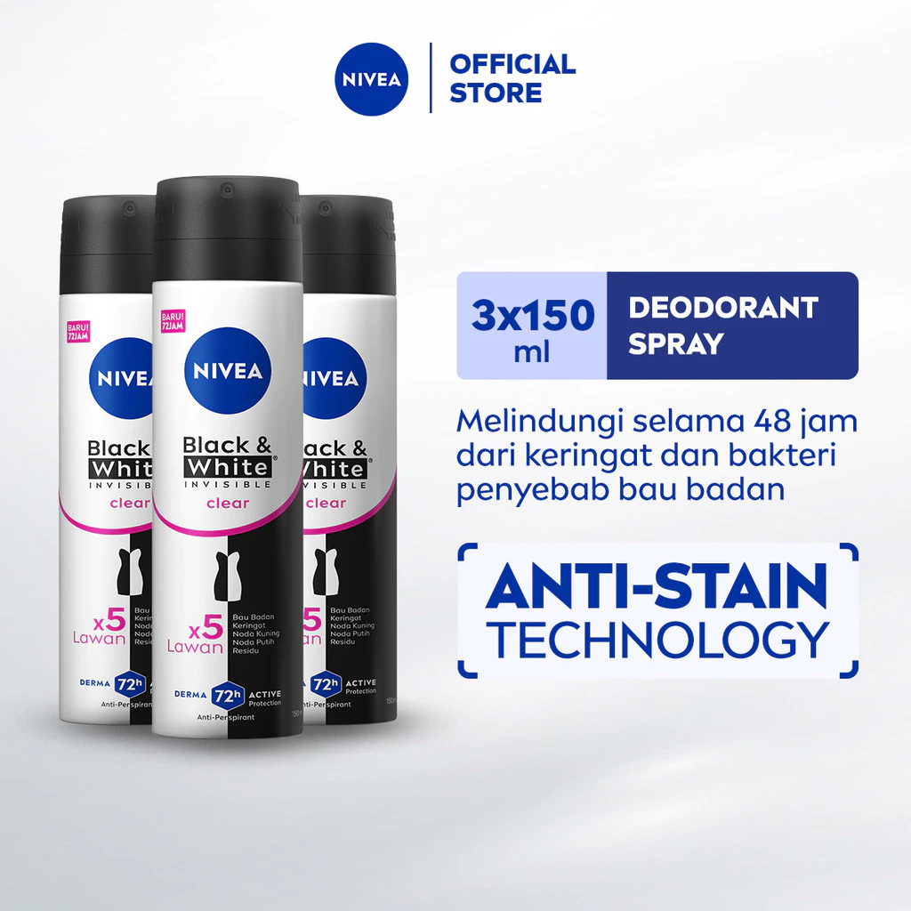 NIVEA Deodorant Invisible Black&White Anti-Odor Spray 150mL Triplepack