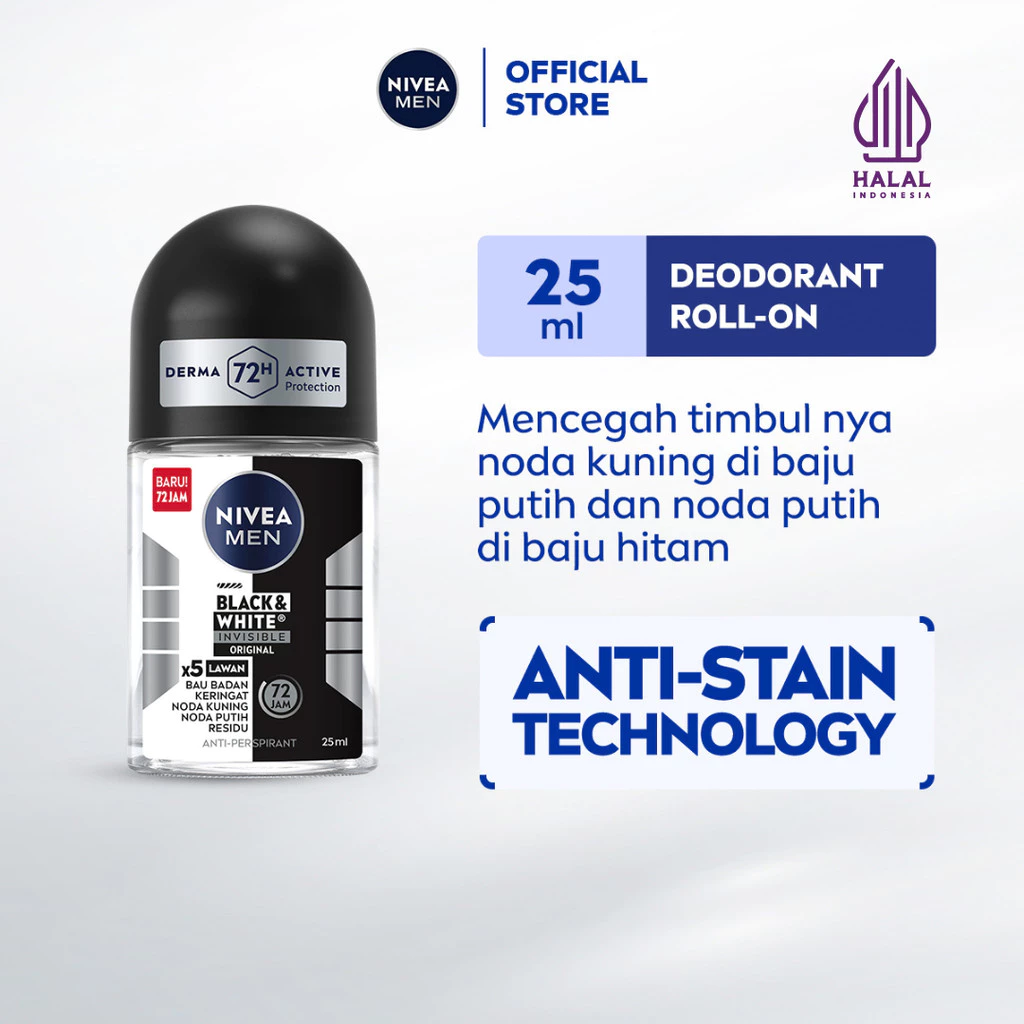 NIVEA MEN Deodorant Anti-Stain Roll On Black & White Invisible Original 25ml - Deodorant pria melawan bakteri keringat bau badan dengan teknologi anti noda kuning putih dan residu wangi maskulin segar seharian - Antiperspiran, tidak mengandung ethyl alkohol