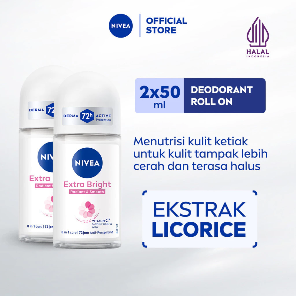 NIVEA Deodorant Roll On Extra Bright Radiant & Smooth 50ml x2 - Deo wanita menghaluskan mencerahkan pencerah ketiak wangi