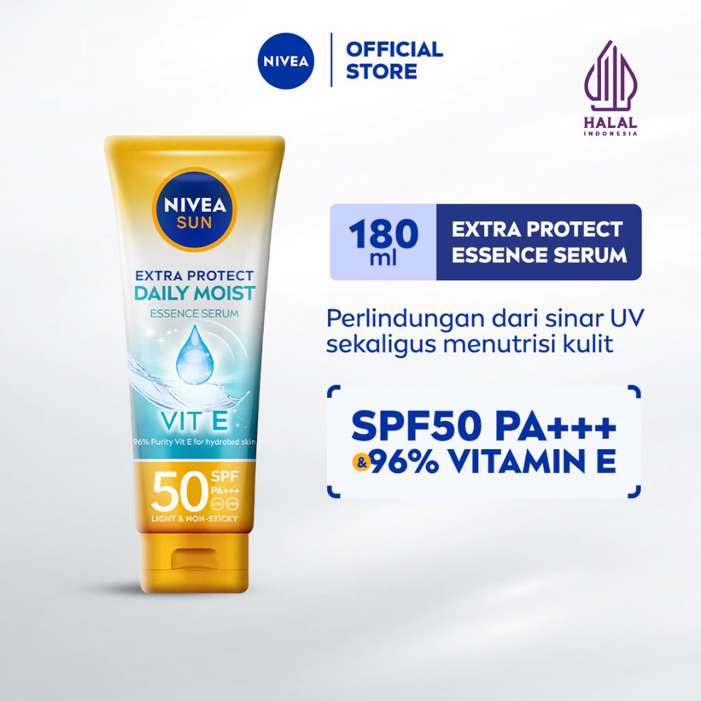 NIVEA SUN Body Serum Daily Moisturizing Essence Serum SPF 50+ PA+++ 180ml - Sunscreen badan sunblock tone up cream brightening glowing daily sun protect body care harian lightweight proteksi sinar matahari UV - 96% Vitamin E, tekstur ringan tidak lengket