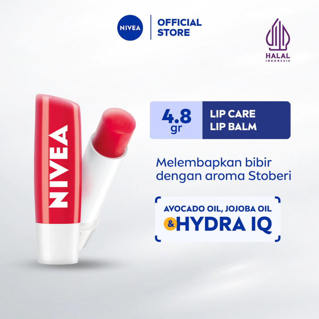 NIVEA Lip Balm Strawberry Shine 4.8gr - Pelembap bibir glossy tinted warna pink dengan wangi stroberi tahan lama untuk bibir kering pecah pecah - Minyak alpukat, Minyak jojoba, Hydra IQ tidak lengket tidak berminyak