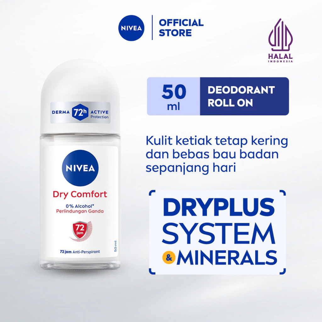 NIVEA Deodorant Roll On Dry Comfort 50ml - Deodorant Wanita Pria Mengontrol Minyak Anti Bau Keringat Dan Bakteri Dengan Aroma Lembut Segar Tahan Lama Seharian - Antiperspiran, Tidak Mengandung Ethyl Alkohol Cocok Untuk Semua Jenis Kulit