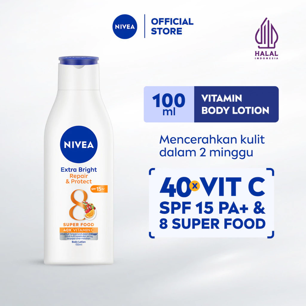 NIVEA Body Lotion Extra Bright Repair & Protect SPF 15 100ml - Handbody SPF serum sun daily UV protection body care mencerahkan melindungi sinar matahari 24 jam - 40x Vitamin C, Grapeseed oil, 8 Super food pelembab harian daily sun lotion