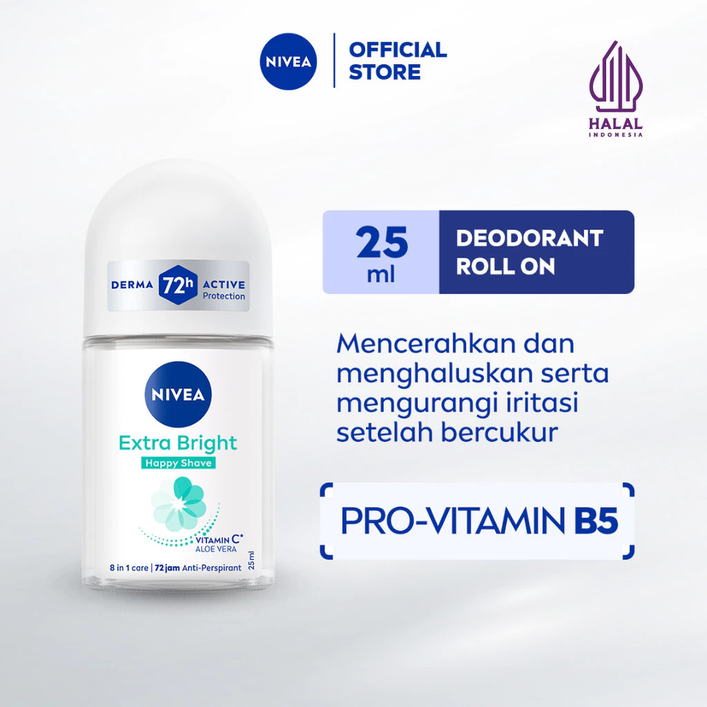 NIVEA Deodorant Roll On Brightening Happy Shave 25ml - Deodorant wanita menghaluskan dan mencerahkan ketiak yang mengandung aloe vera untuk mengurangi iritasi setelah bercukur - Vitamin C, Pro-vitamin B5, 0% alkohol cocok semua jenis kulit