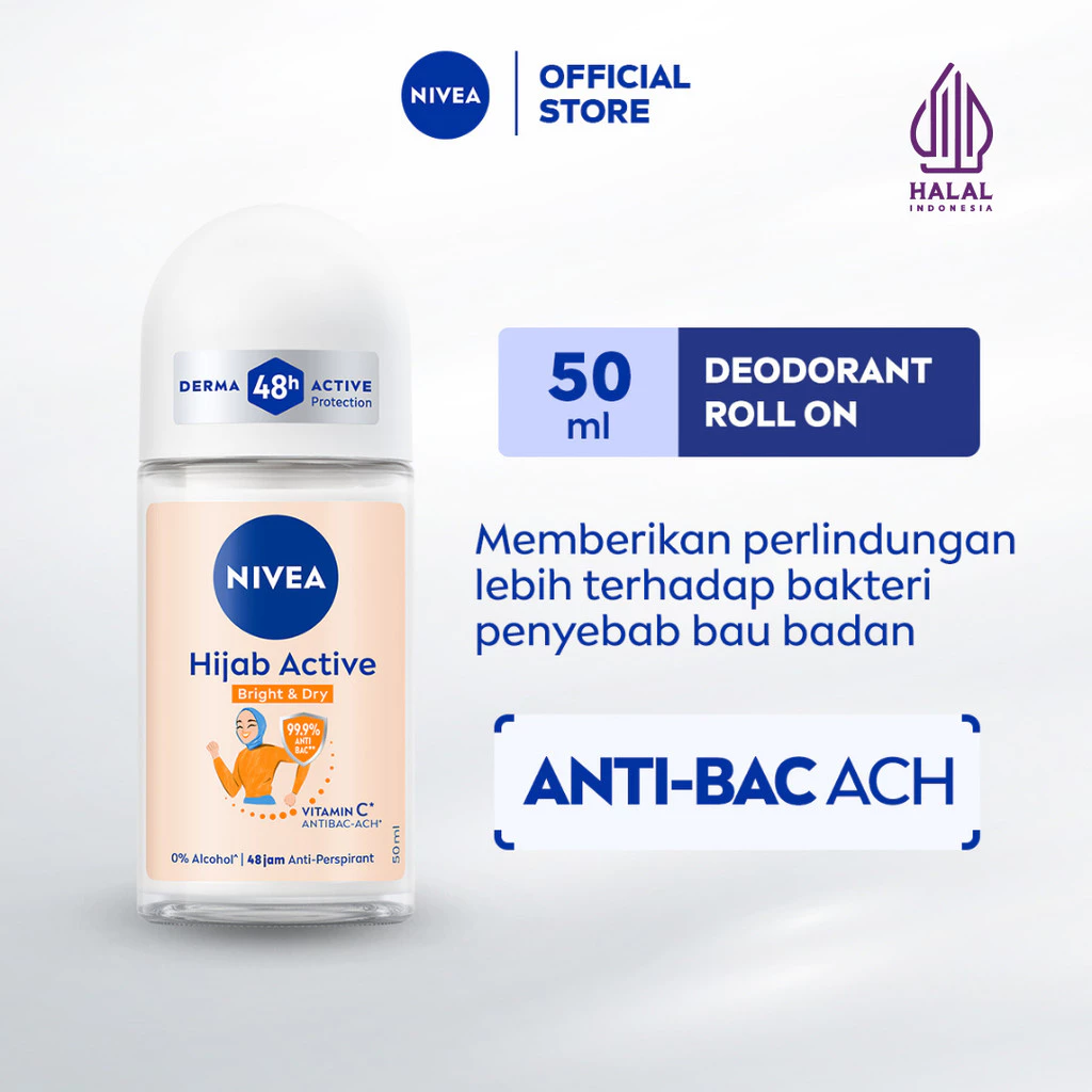 NIVEA Deodorant Roll On Brightening Anti Bacterial 50ml - Deodorant Wanita Hijab Antiperspirant Dan Anti Bakteri Tahan Bau Keringat Badan Dengan Wangi Segar Tahan Lama Seharian - Micro Vitamin C, 0% Alkohol Cocok Untuk Semua Jenis Kulit