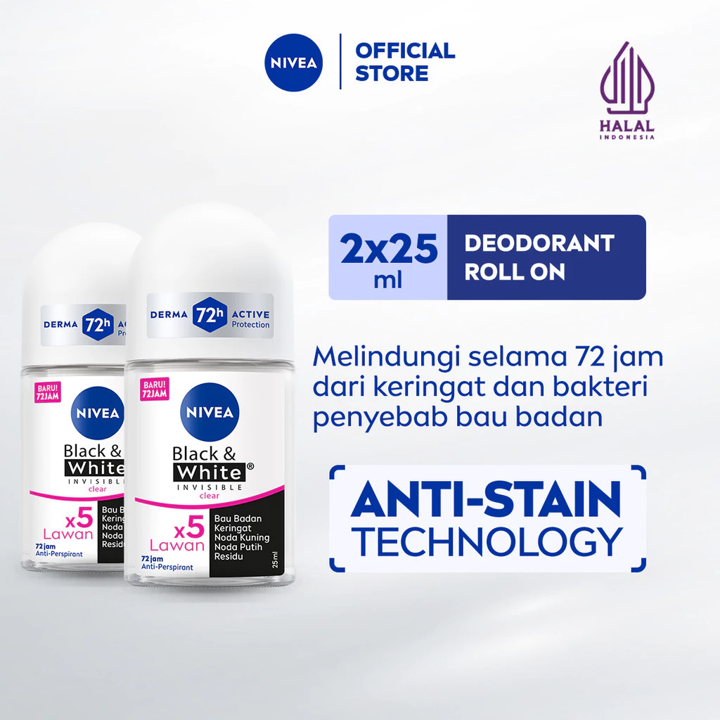 NIVEA Personal Care Deodorant Anti-Staining Invisible Black & White Roll On - 25 ml x 2 pcs
