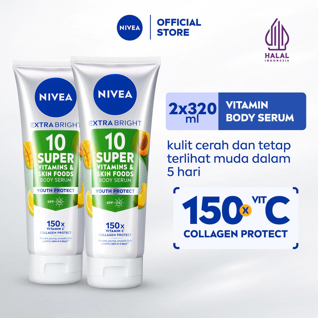 NIVEA Body Serum Extra Bright 10 Super Vitamins & Skin Foods Youth Protect Collagen 320ml x2 - Cerah dan Terlihat Muda Dlm 5 Hari - 150x Vitamin C