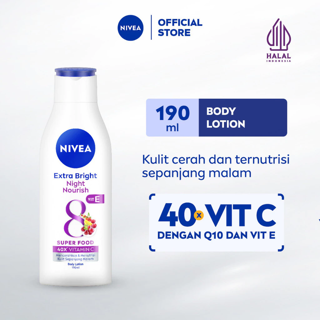 NIVEA Body Lotion Extra Bright Night Nourish Vit E 190ml - Handbody glowing serum malam mencerahkan kulit kusam Body Care Moisturizer melembabkan 24 jam - 40x Vitamin C, Vitamin E, Double UV Protection, pelembap badan tone up