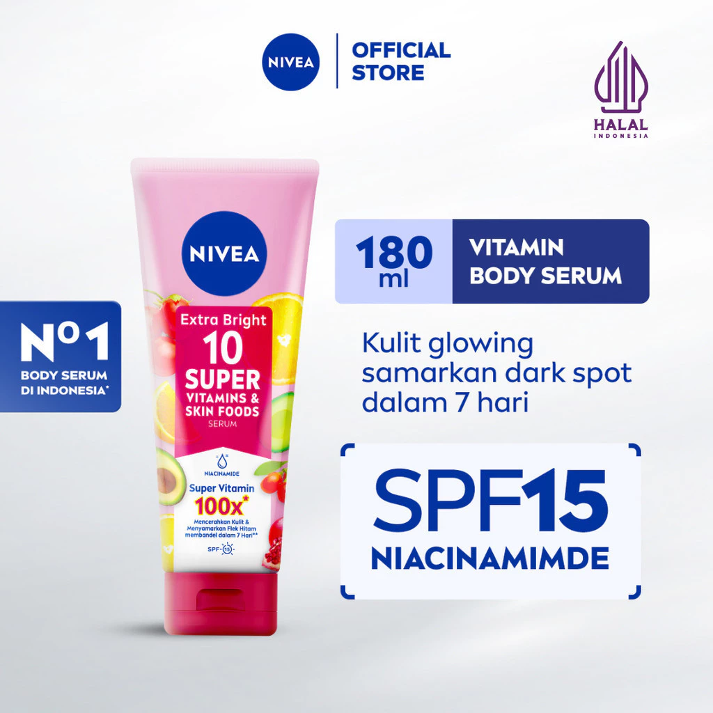 NIVEA Body Serum Extra Bright 10 Super Vitamins SPF 15 180ml - Handbody UV Protect lotion viral mencerahkan menyamarkan noda hitam body care glowing brightening - Niacinamide, Vitamin C, Pomegranate, mengaluskan dan melembapkan