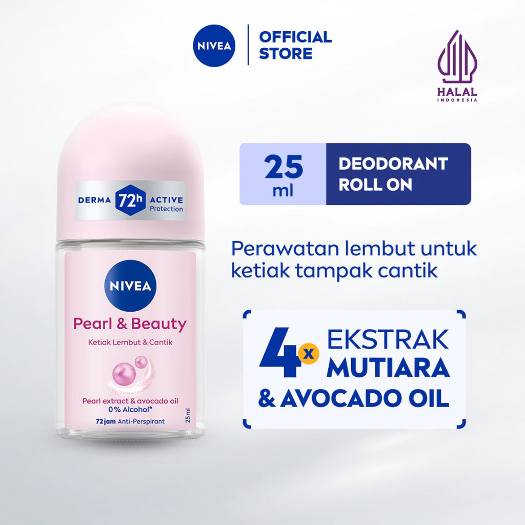 NIVEA Deodorant Roll On Pearl & Beauty 25ml - Perlindungan Deodorant wanita brightening mencerahkan dan menghaluskan ketiak dengan ekstrak mutiara dan avocado oil tahan keringat dan anti bau badan - Antiperspiran, 0% alkohol cocok untuk semua jenis kulit