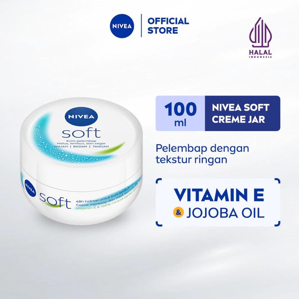 NIVEA Soft Creme Jar Krim Pelembap dengen texture ringan 100ml - Handbody lotion melembabkan badan wajah tubuh tangan body care moisturizing kulit kering halus memperbaiki skinbarrier secara intensive - Vitamin E dan Jojoba Oil, menutrisi