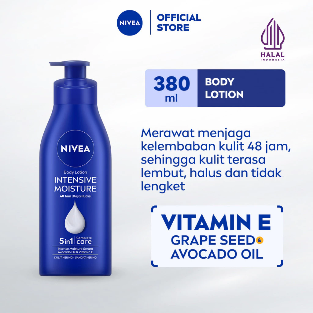 NIVEA Body Lotion Intensive Moisture 380ml - Handbody mositurizer 48 jam body care kulit kering kasar pecah-pecah memperbaiki skinbarrier - Vitamin E, Grapeseed Oil, Avocado oil, Hydra IQ pelembab melembutkan badan