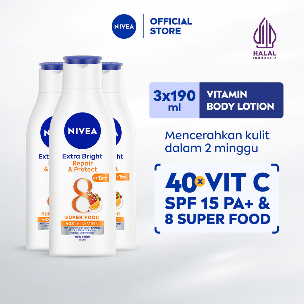 NIVEA Body Lotion Extra Bright Repair & Protect SPF15 Vitamin C 190ml x3 - Mencerahkan kulit kusam & melembapkan