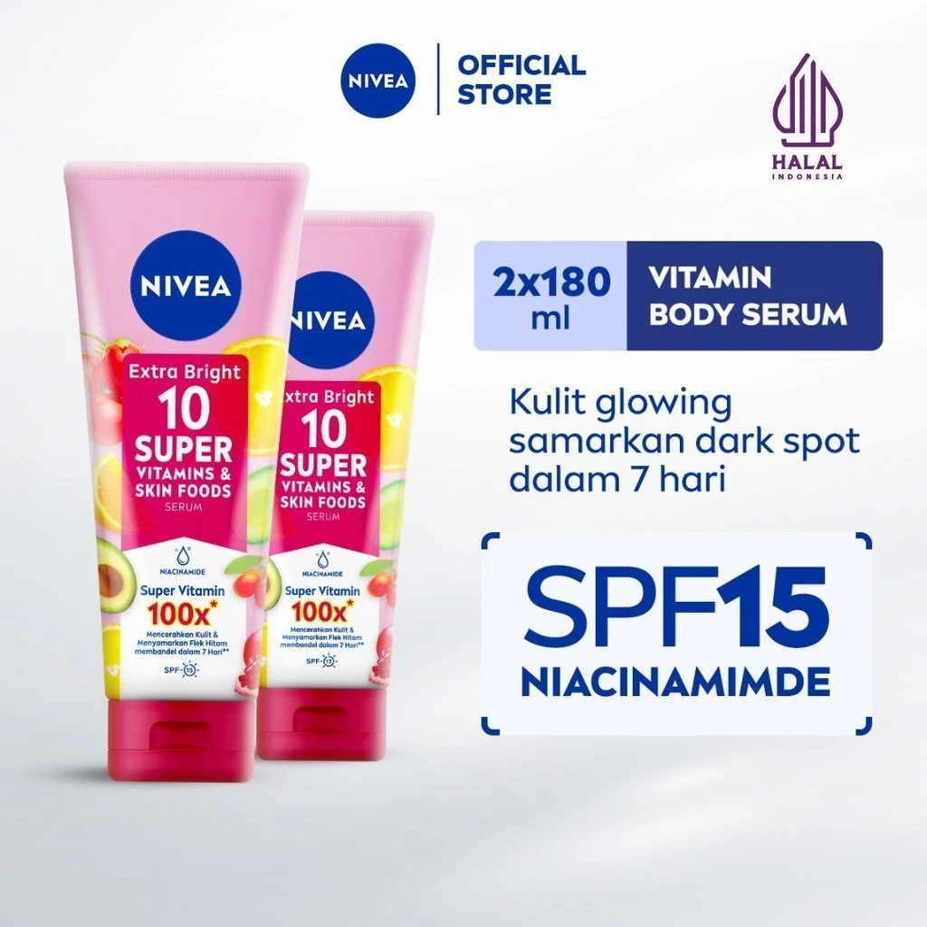NIVEA Body Serum Extra Bright Brightening 10 Super Vitamins & Skin Foods 180ml x2 - Mencerahkan & menyamarkan noda hitam
