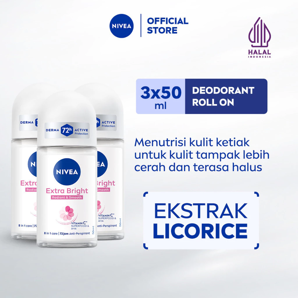 NIVEA Deodorant Roll On Extra Bright Radiant & Smooth 50ml x3 - Deo wanita mencerahkan pencerah ketiak wangi