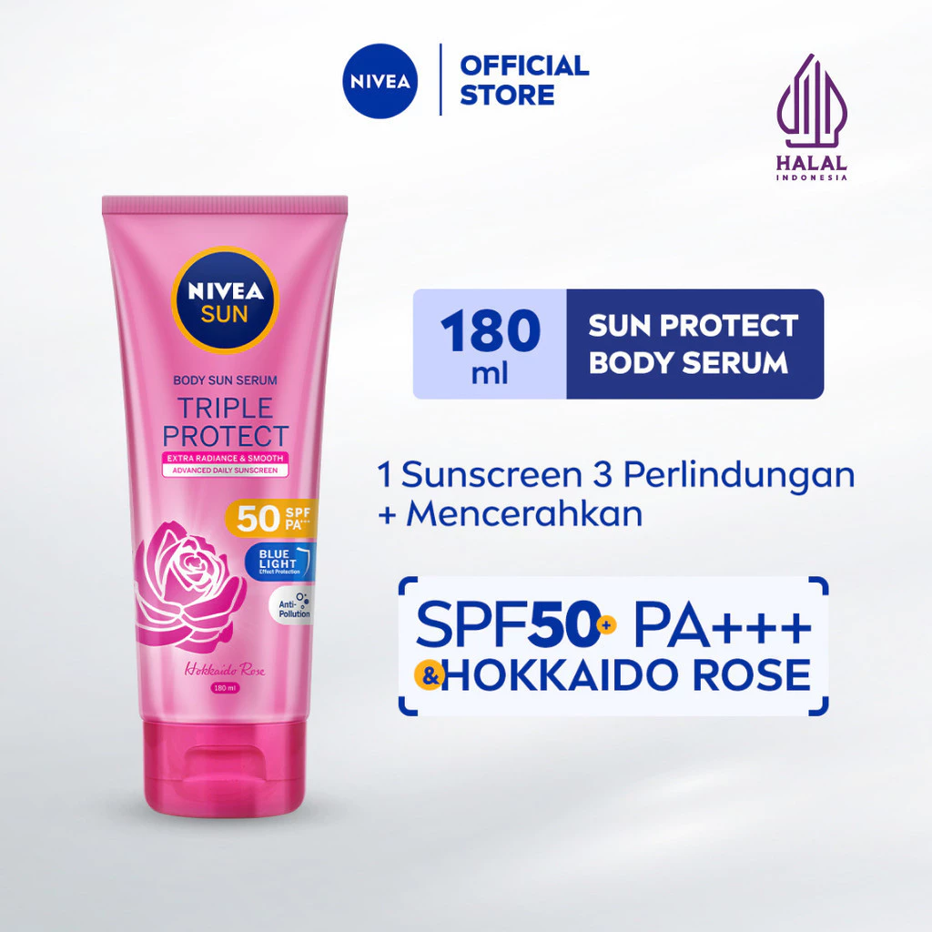 NIVEA SUN Body Serum Triple Protect Extra Radiance & Smooth SPF 50+ PA+++ 180ml - Sunscreen badan sunblock lotion brightening tone up body care sinar matahari UV - Perlindungan UVA / UVB, Blue light, Polusi, Ringan, cepat meresap, tidak lengket