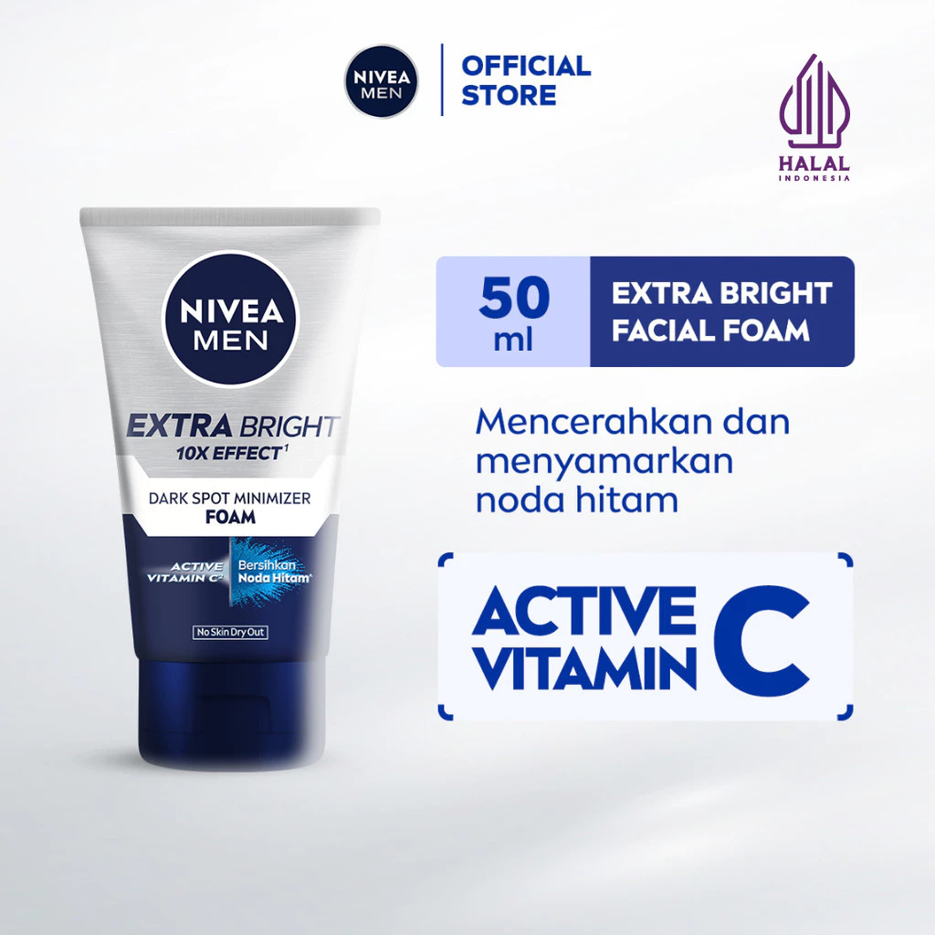 NIVEA MEN Facial Foam Extra Bright Dark Spot Minimizer 50ml - Sabun Cuci Muka Pria Mencerahkan Glowing Face Wash Cleanser Mencegah Flek Pembersih Wajah Double Cleansing Menghilangkan Dark Spot Noda Hitam - Active Vitamin C
