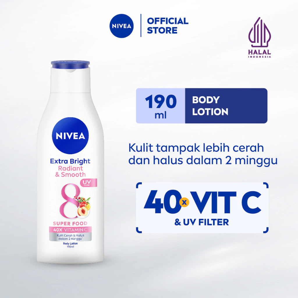 NIVEA Body Lotion Extra Bright Radiant & Smooth UV Filter 190ml - Handbody mencerahkan kulit kusam body care badan glowing brightening serum melembabkan moisturizer - 40x Vitamin C, UVA/UVB Filter, Super Food, pelembap badan tone up tahan lama