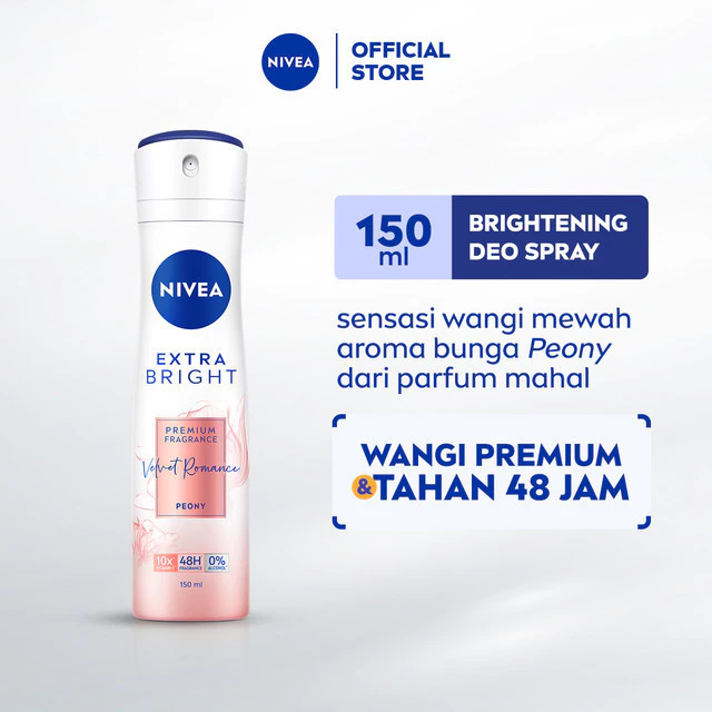 NIVEA Deodorant Spray Extra Bright Brightening Premium Fragrance Velvet Romance 150ml - Deodorant semprot mencerahkan ketiak dan anti keringat bau badan dengan wangi parfum mahal premium aroma bunga segar tahan lama seharian - 10x Vitamin C, 0% alkohol