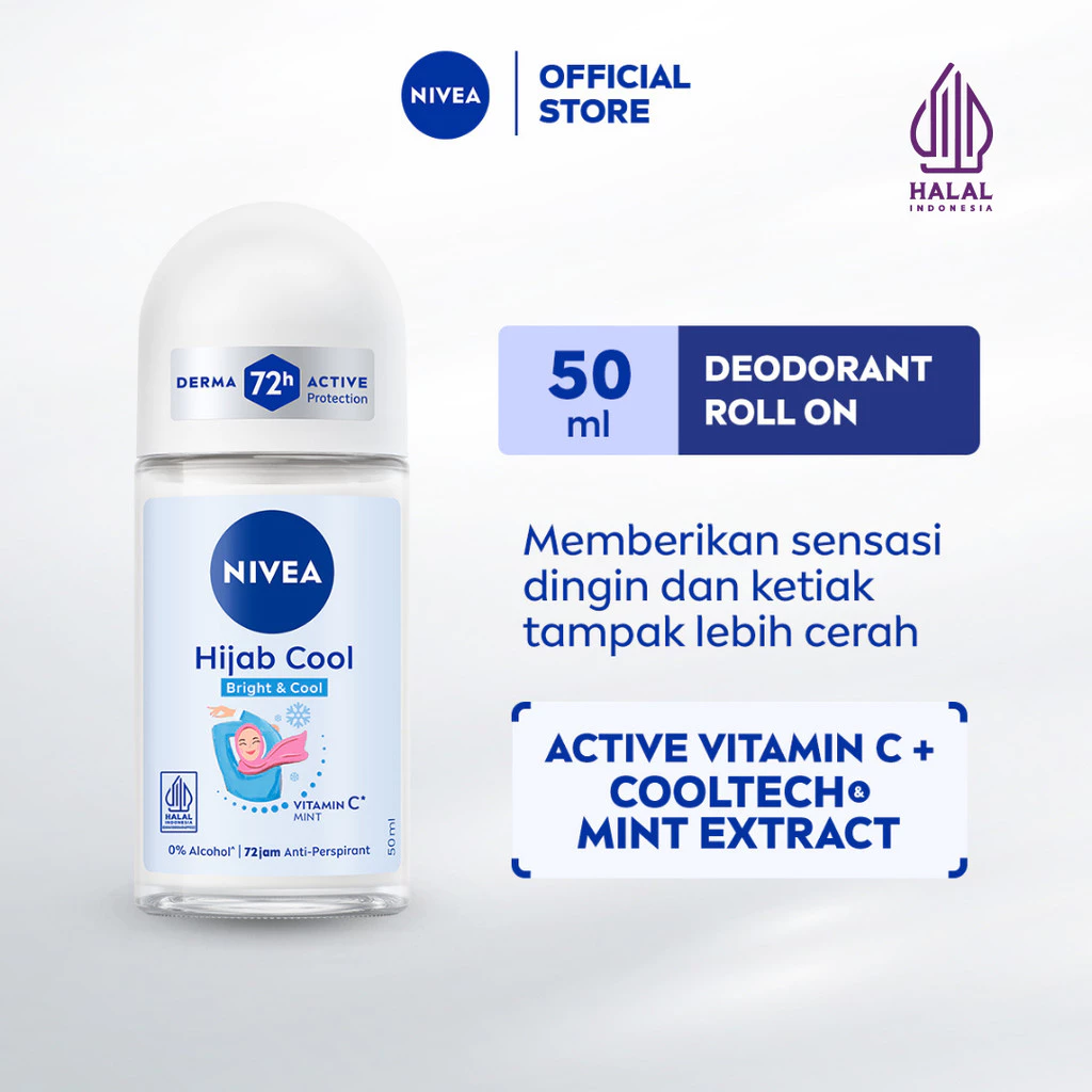 NIVEA Deodorant Roll On Brightening Hijab Cool 50ml - Deodorant wanita hijab mencerahkan kulit ketiak menahan keringat bau badan dengan sensasi dingin instant dan wangi segar tahan lama seharian - Ekstrak Mint, Halal