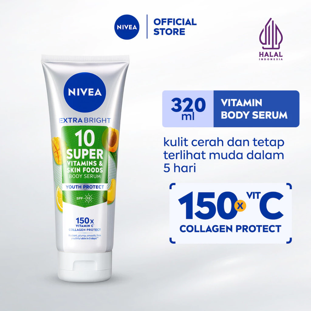NIVEA Body Serum Extra Bright 10 Super Vitamins Youth Protect SPF 15 320ml - Handbody lotion mencerahkan kulit kusam glowing brightening skinbarrier body care terlihat muda - 150x Vitamin C, Collagen, anti oksidan, badan tone up