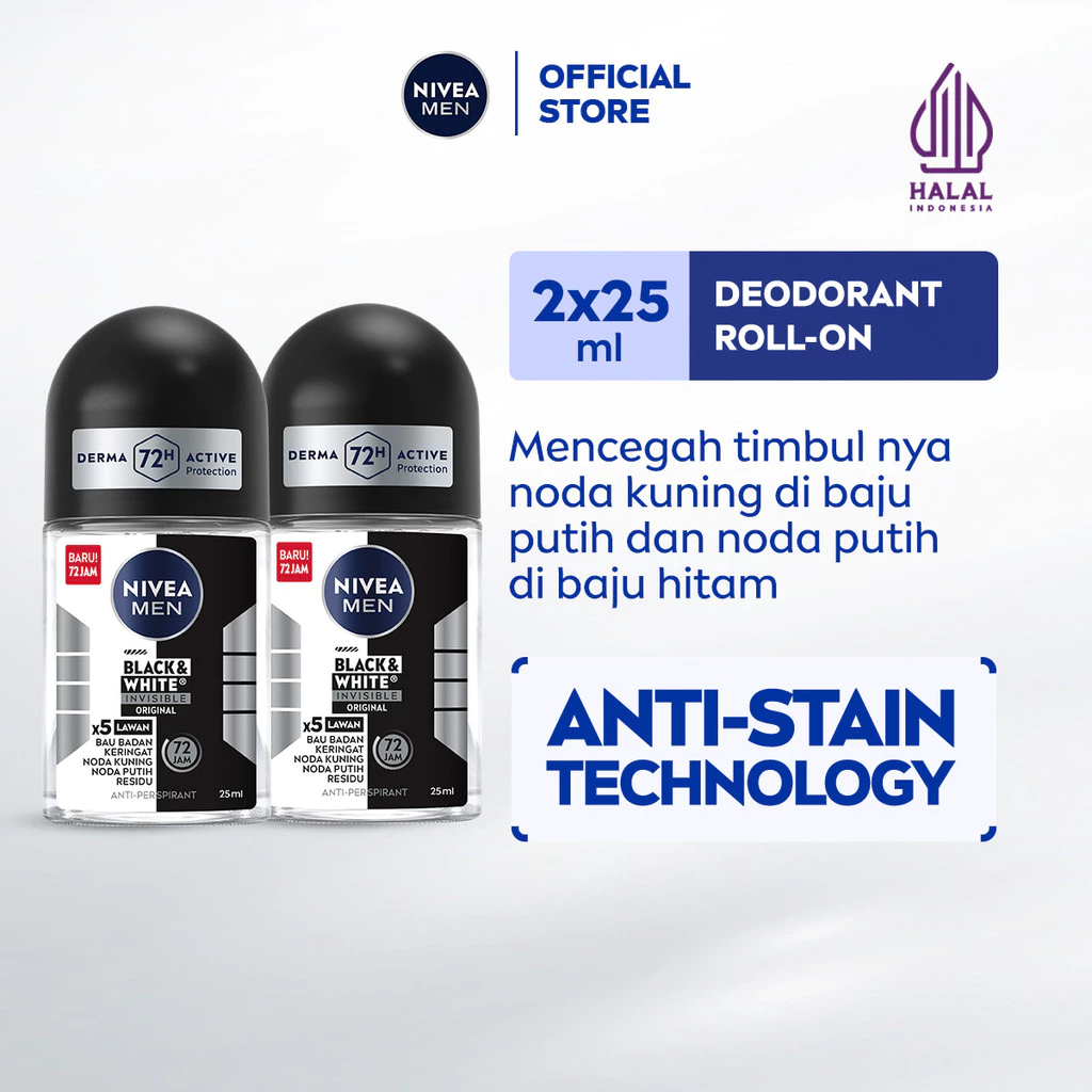 NIVEA Deodorant Invisible Black & White Roll-On Anti-Staining Male 25 ml x 2 pcs