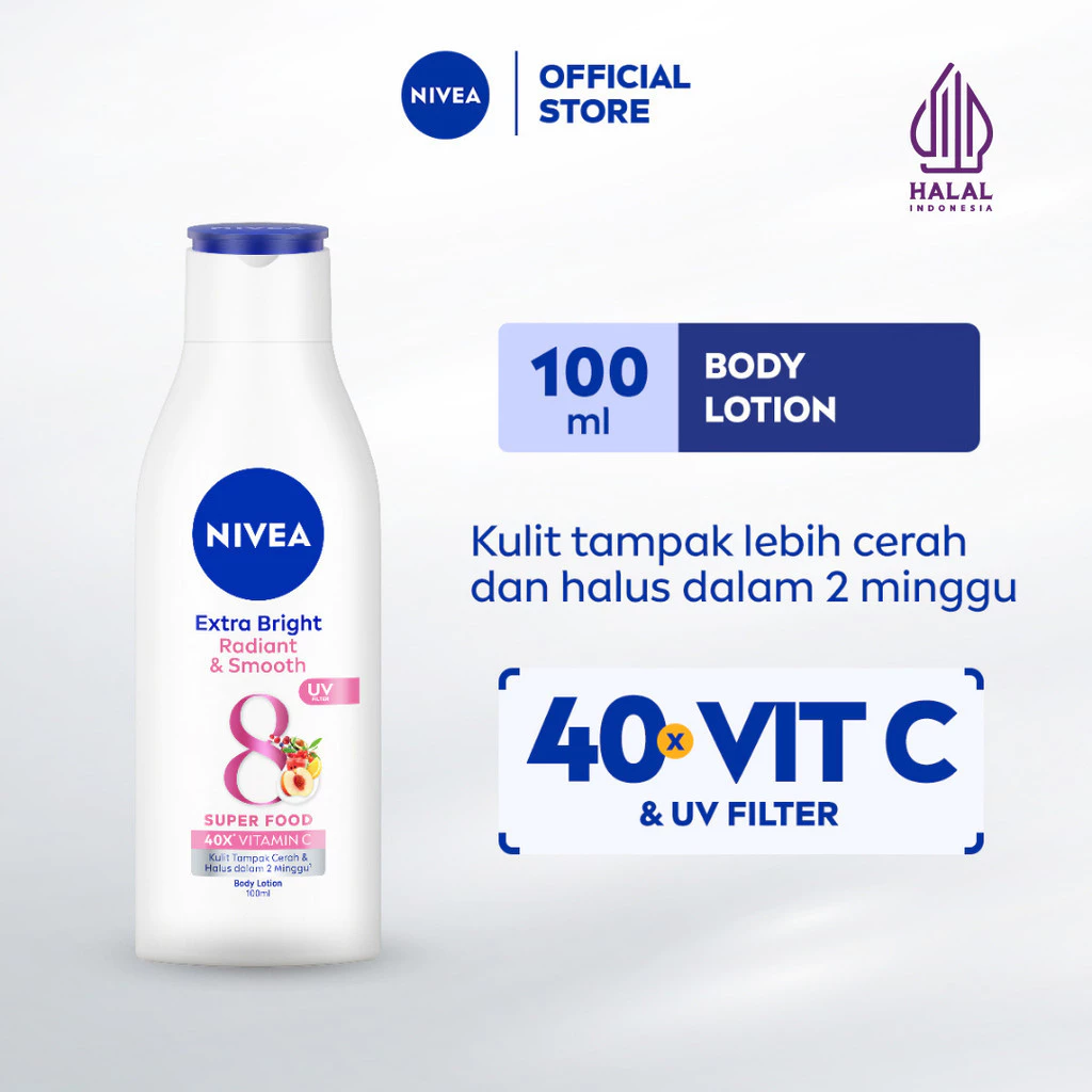 NIVEA Body Lotion Extra Bright Radiant & Smooth UV Filter 100ml - Handbody mencerahkan kulit kusam badan glowing brightening serum melembabkan kulit kering - 40x Vitamin C, UVA/UVB Filter, super food, pelembap badan tone up