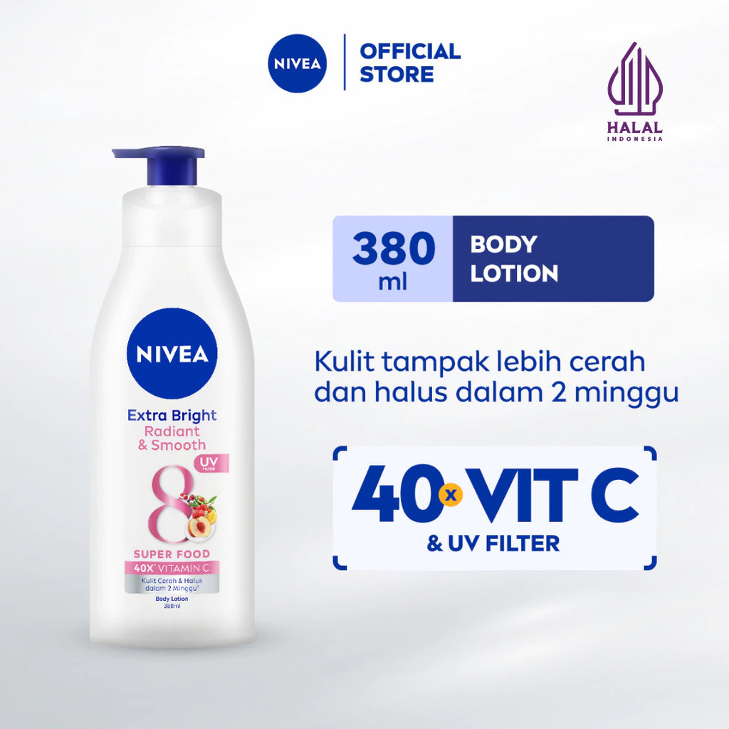 NIVEA Body Lotion Extra Bright Radiant & Smooth UV Filter 380ml - Handbody mencerahkan kulit kusam glowing brightening essence melembabkan kulit kering - 40x Vitamin C, UVA/UVB Filter, super food, tone up body care