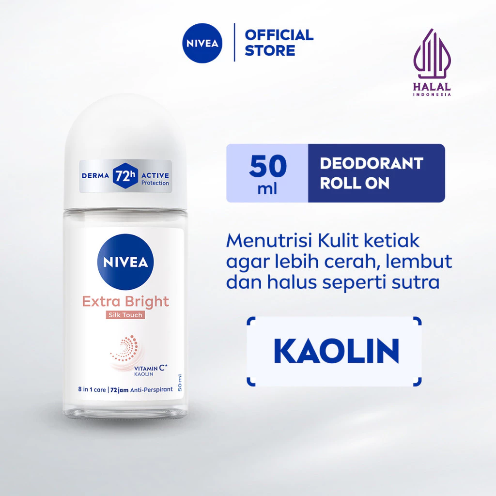 NIVEA Deodorant Roll On Brightening Silk Touch 50ml - Deodorant wanita brightening mengandung nutrisi untuk kulit ketiak halus lembut dan cerah dengan wangi segar tahan lama seharian - Vitamin C, Kaolin, 0% alkohol cocok untuk semua jenis kulit